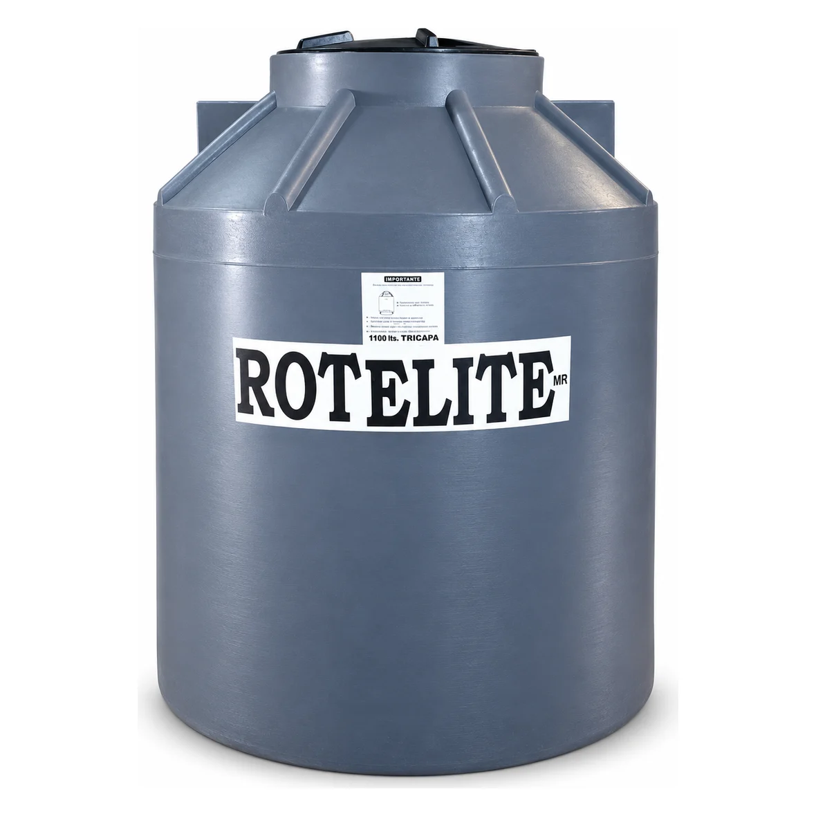 Tanque tricapa 1100 litros de Rotelite, vista de frente y con la tapa abierta