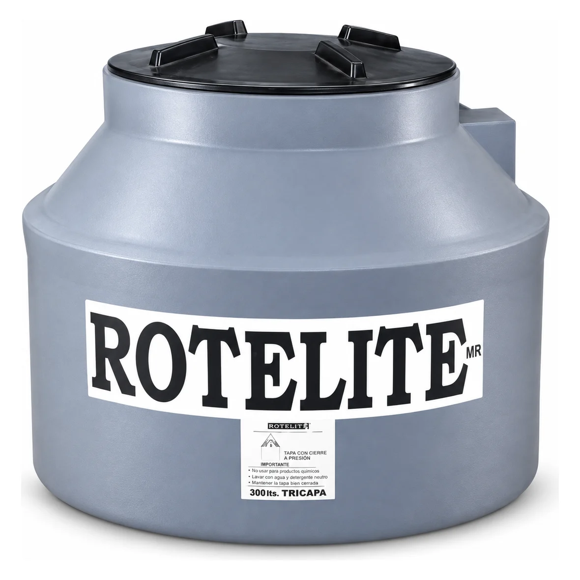 Tanque tricapa 300 litros de Rotelite, vista de frente y con la tapa abierta