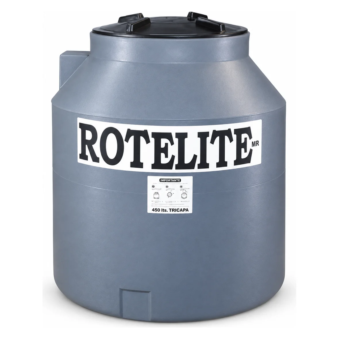 Tanque tricapa 450 litros de Rotelite, vista de frente y con la tapa abierta